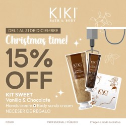 15%off comprando kit sweet crema de manos, exfoliante corporal y neceser de vainilla y chocolate